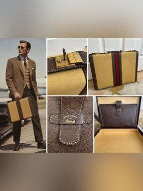 Vintage Gucci Brown & Tan Canvas Leather Briefcase with Signature Web Stripe